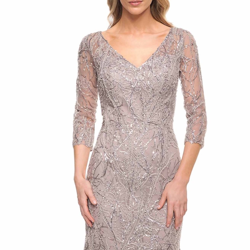 La Femme Taupe Beaded V-Neck Gown